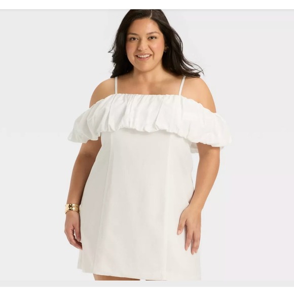 a new day Dresses & Skirts - A New Day Mini Dress Women's 12‎ White Off Shoulder Ruffle Sleeve linen blend